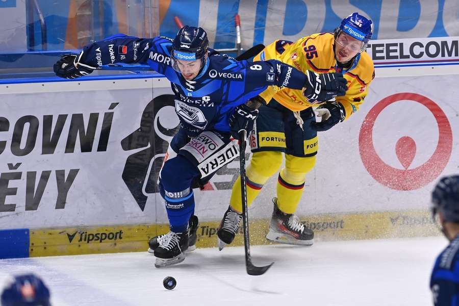 Patrik Demel (vlevo) z Vítkovic bojuje s budějovickým Demelem.