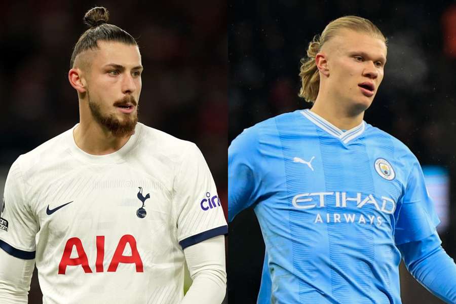 Radu Drăgușin (Tottenham) și Erling Haaland (Manchester City)