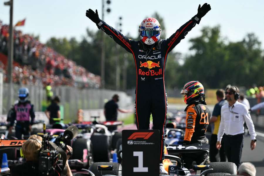 Red Bull Racing's Max Verstappen celebrates after winning the Italian Grand Prix on Sunday