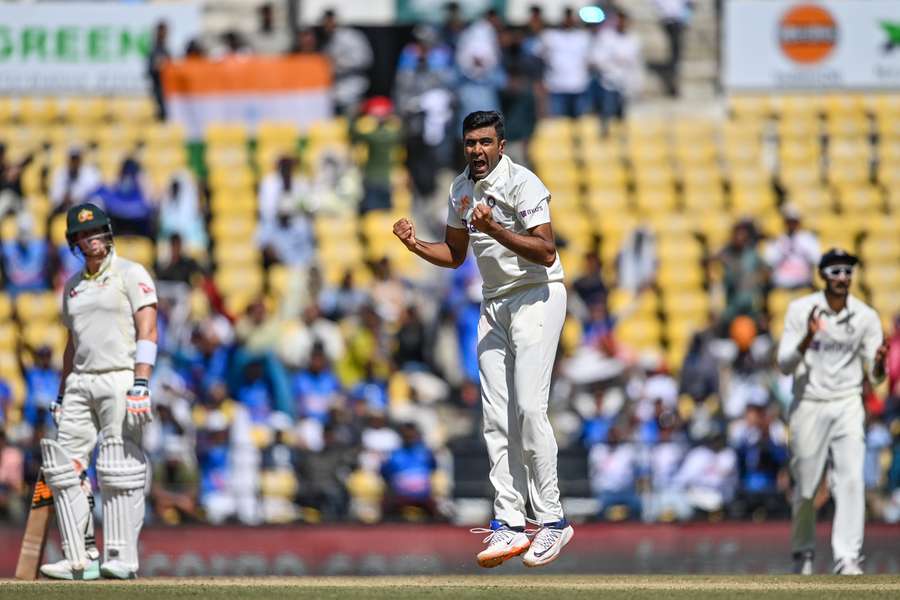 India's Ravichandran Ashwin (C) celebrates after the dismissal of Australia's Matt Renshaw (not pictured) 