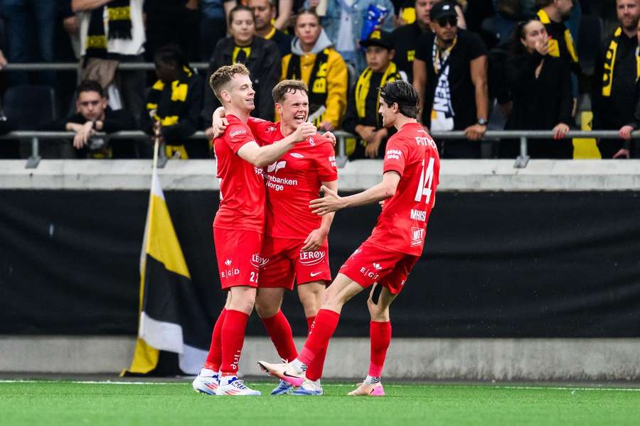Saever Magnusson (left) celebrates his first goal of the night