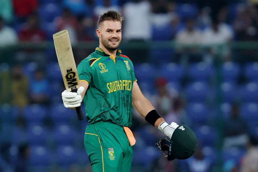 South Africa's Aiden Markram celebrates after reaching his century