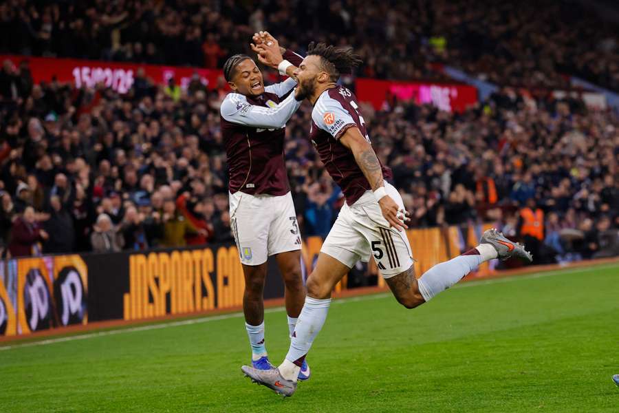 Aston Villa celebrate their late goal