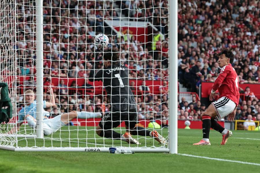 Man City's Erling Haaland scores against Manchester United Man City's Erling Haaland scores against Manchester United