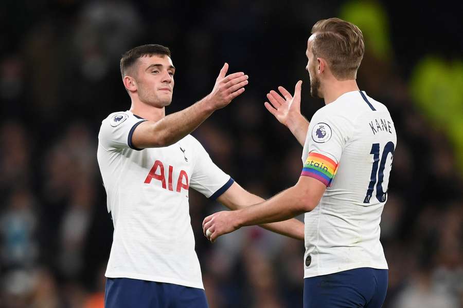Former Tottenham striker Troy Parrott (L) with Harry Kane after the Premier League game against Burnley in December 2019
