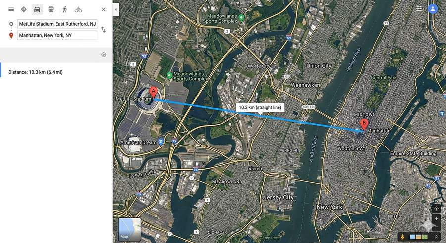 Distância de Manhattan para o MetLife Stadium em linha reta Distância de Manhattan para o MetLife Stadium em linha reta