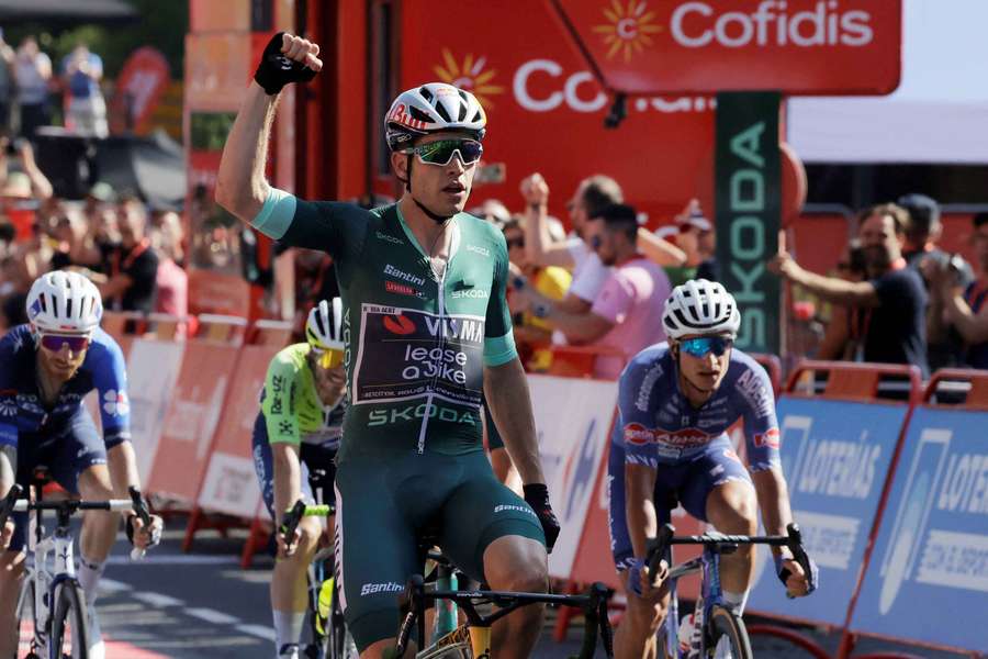 Wout van Aert celebrates winning stage seven of the Vuelta