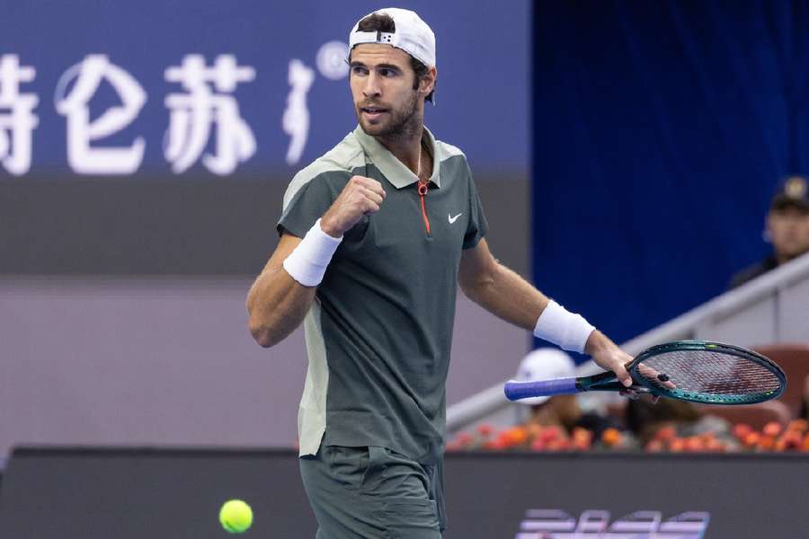 Karen Khachanov celebrates winning point