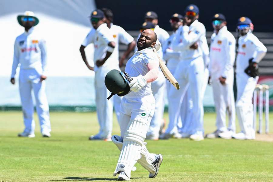 Temba Bavuma, captain of South Africa, celebrates his hundred against Sri Lanka at Kingsmead