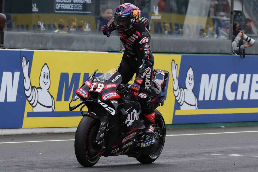 Jorge Martin celebrates winning the MotoGP at Le Mans 
