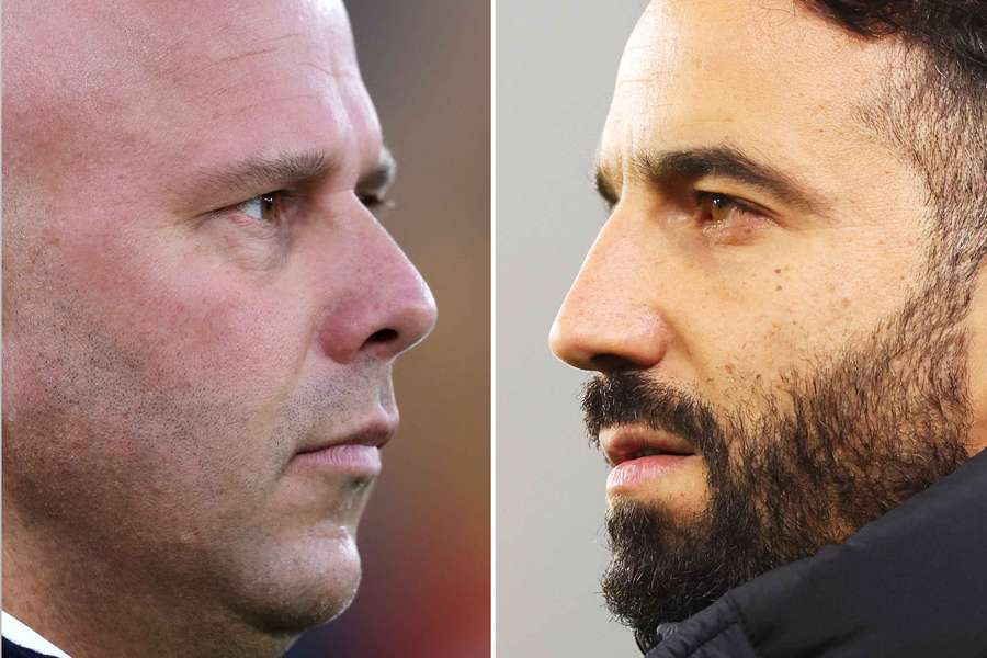 Arne Slot (l.) und Ruben Amorim stehen sich am Sonntag auf der Trainerbank gegenüber.