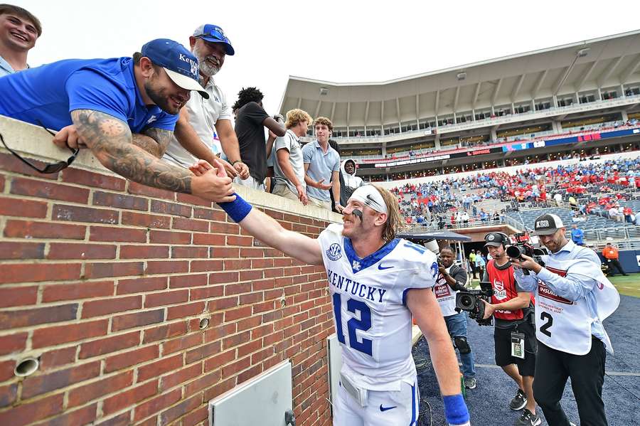 Kentucky quarterback Brock Vandagriff celebrating with fans after a game against Ole Miss