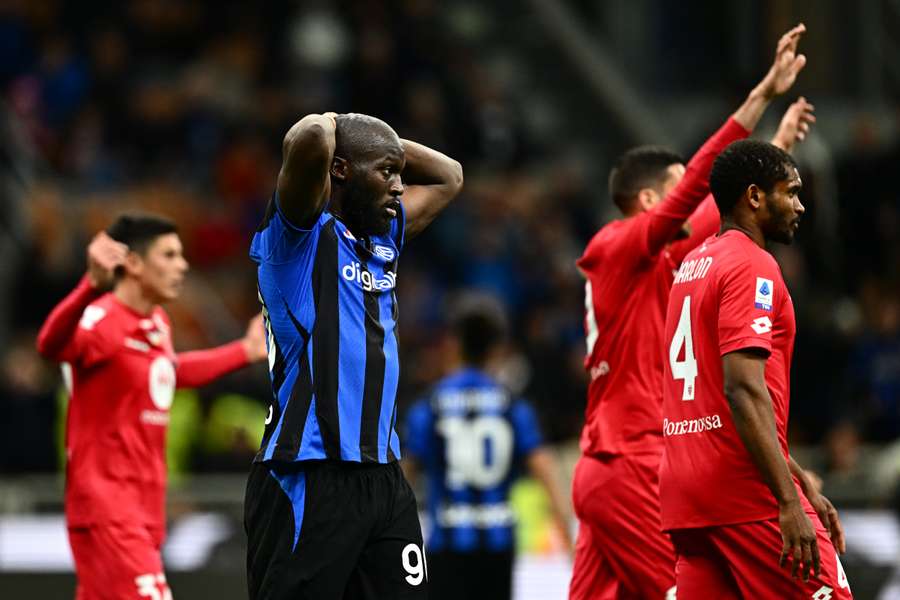 Romelu Lukaku reacts at the end of Inter Milan's 1-0 defeat at home to Monza on Saturday