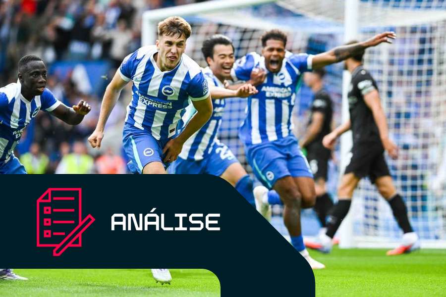Brajan Gruda, do Brighton, comemora após marcar o golo da vitória contra o Manchester City