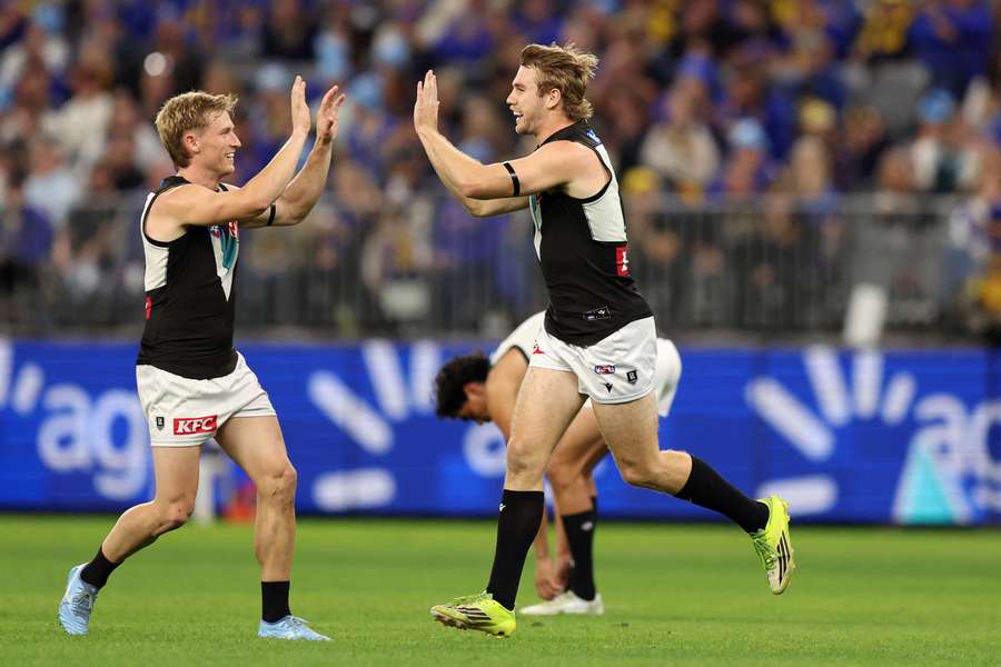 Port Adelaide's Jason Horne-Francis celebrates one of his three goals in the win over West Coast. Port Adelaide's Jason Horne-Francis celebrates one of his three goals in the win over West Coast.