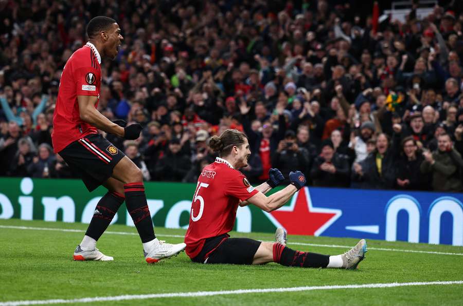 Manchester United's Austrian midfielder Marcel Sabitzer celebrates scoring the opening goal