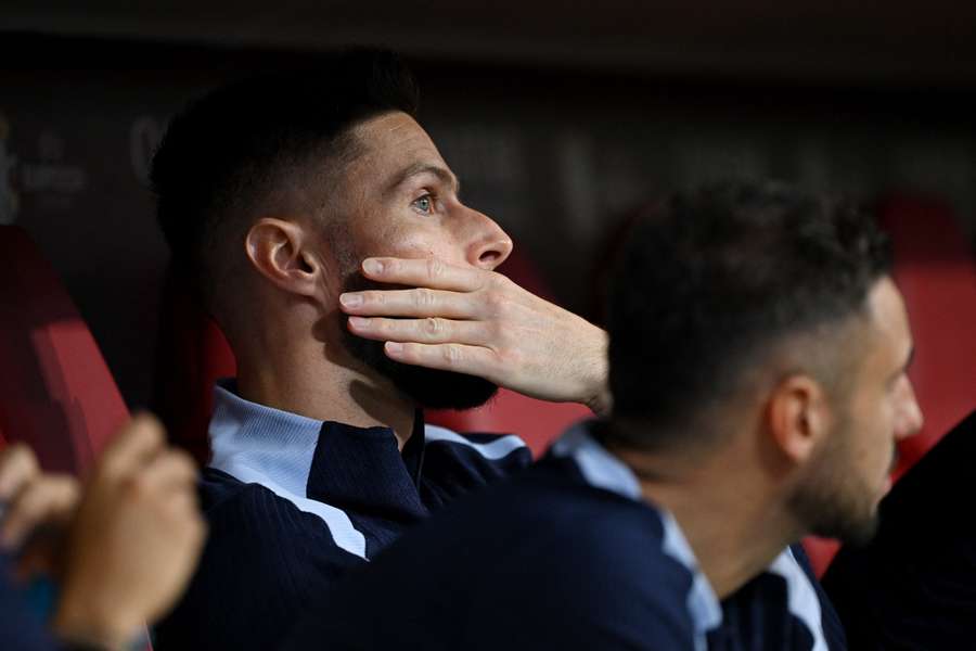 Olivier Giroud on the France bench on Tuesday