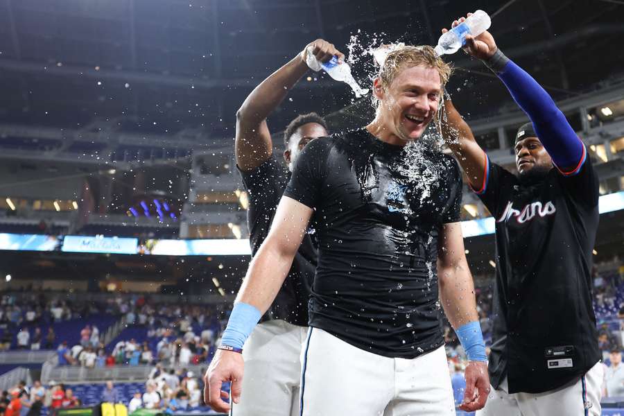 Kyle Stowers celebrates with teammates after hitting walk-off home run against the Kansas City Royals (2025)