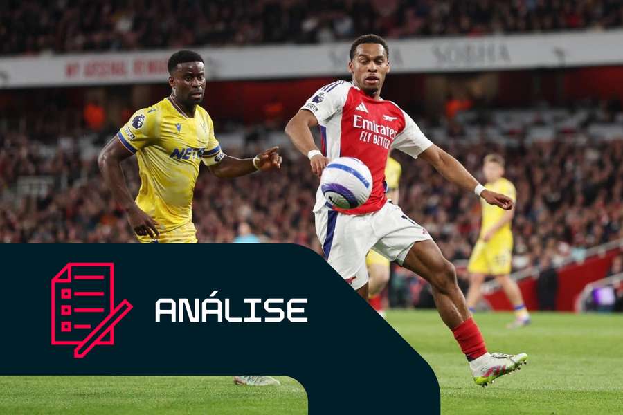 Marc Guehi, do Crystal Palace, e Jurrien Timber, do Arsenal, disputam a bola Marc Guehi, do Crystal Palace, e Jurrien Timber, do Arsenal, disputam a bola