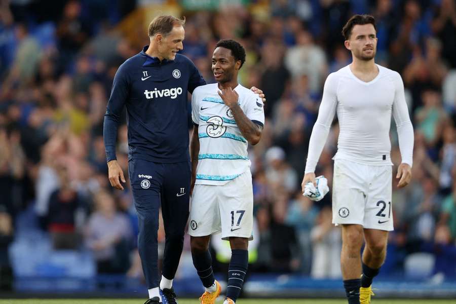 Thomas Tuchel, left, put his arm around Raheem Sterling - one of his new signings at Chelsea this summer