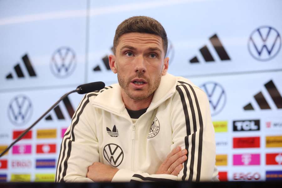 Robin Gosens speaks to the media during a press conference ahead of Germany's match against Bosnia and Herzegovina