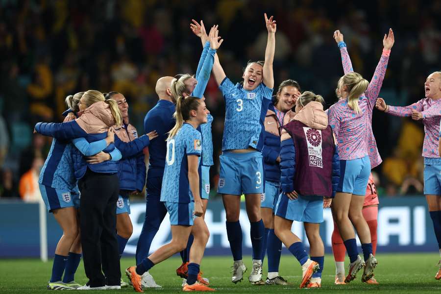 The Lionesses celebrate after beating Australia to reach the World Cup final