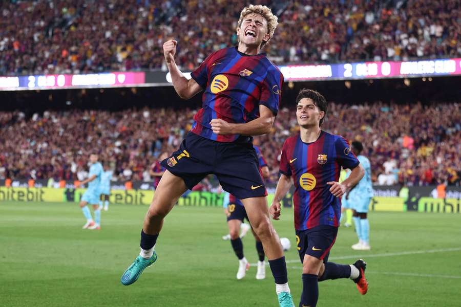 Barcelona's Fermin Lopez celebrating a league goal against Athletic Club. Barcelona's Fermin Lopez celebrating a league goal against Athletic Club.
