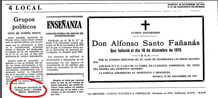 Jornal de 1979 com texto de Tebas como delegado do Fuerza Nueva