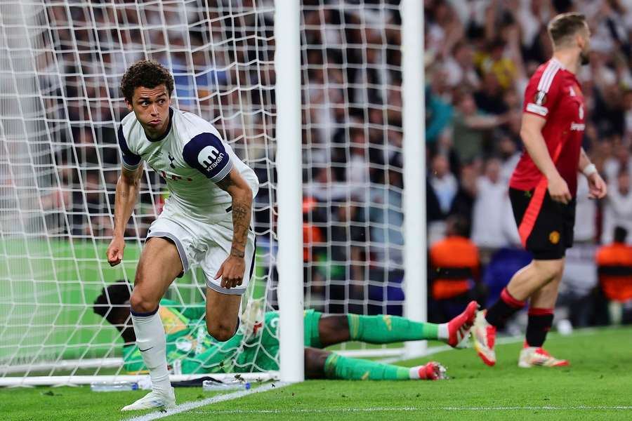 Tottenham Brennan Johnson celebrates the winners in the Europa League final against Manchester United Tottenham Brennan Johnson celebrates the winners in the Europa League final against Manchester United