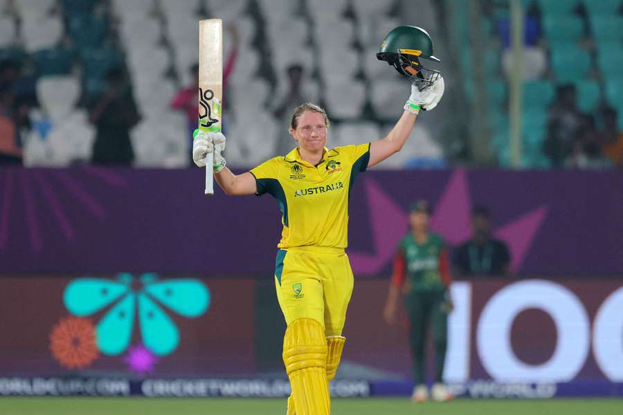 Alyssa Healy acknowledges her century against Bangladesh at the ICC World Cup. 