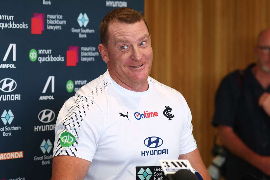 Michael Voss speaks to media at Ikon Park on Thursday.