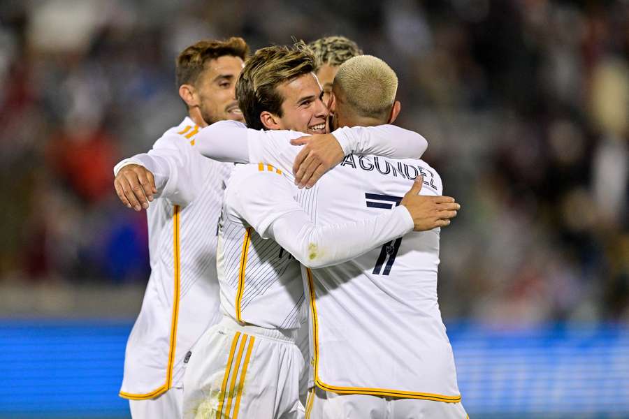 The Los Angeles Galaxy celebrate a goal en route to their sweep of the Colorado Rapids.