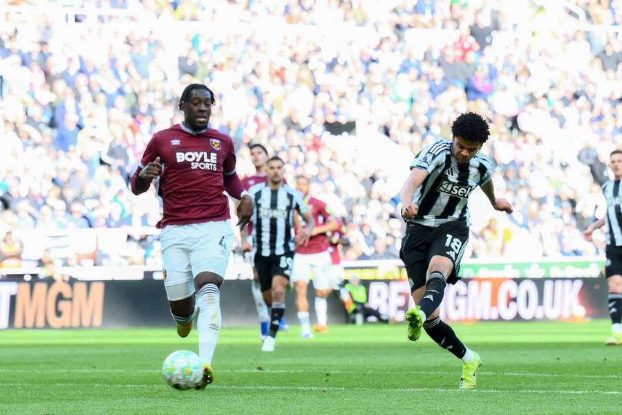 Newcastle's William Osula scores their second goal against West Ham