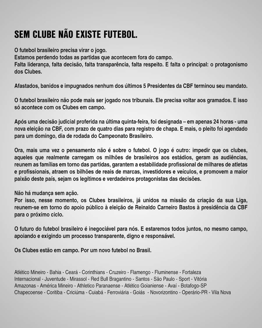 O manifesto dos clubes em apoio à candidatura de Reinaldo Carneiro Bastos O manifesto dos clubes em apoio à candidatura de Reinaldo Carneiro Bastos
