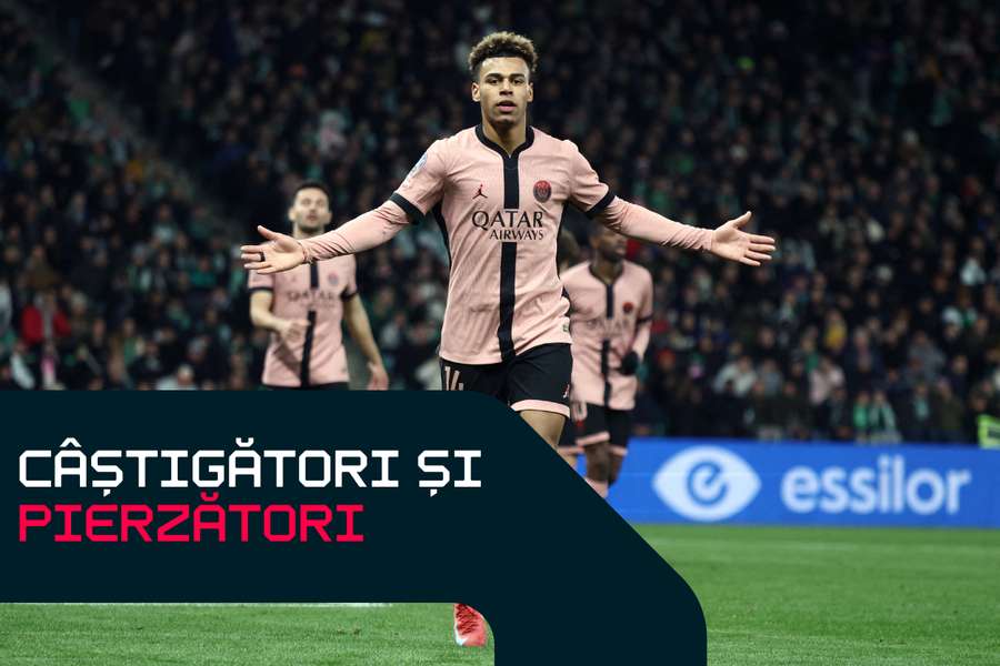 Desire Doue (PSG) sărbătorește marcarea celui de-al 5-lea gol al echipei sale în timpul meciului cu AS Saint-Etienne