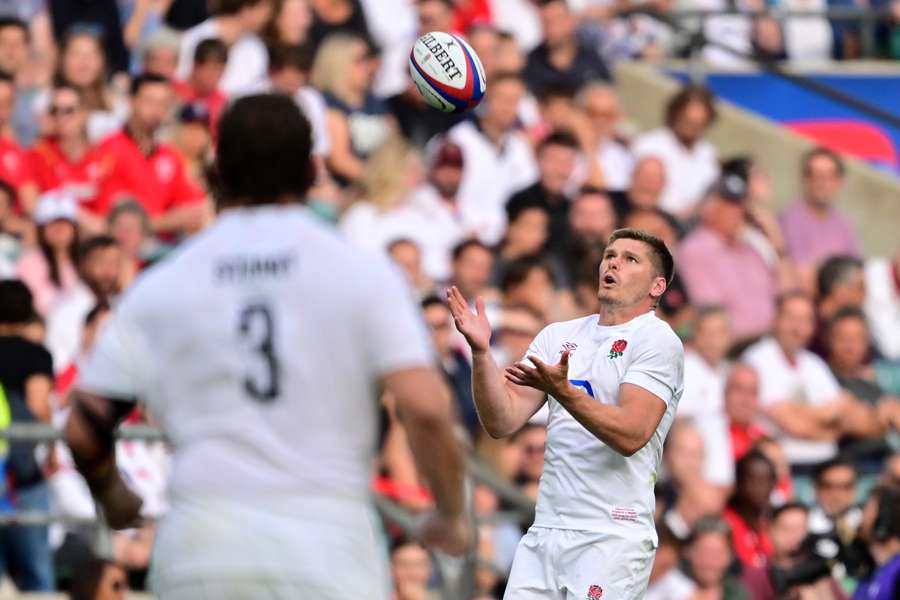 England's fly-half Owen Farrell catches a high ball during the Summer Series international rugby union match between England and Wales