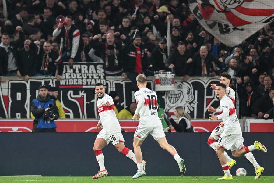 Stuttgart's Deniz Undav (left) celebrates scoring the only goal against Leipzig