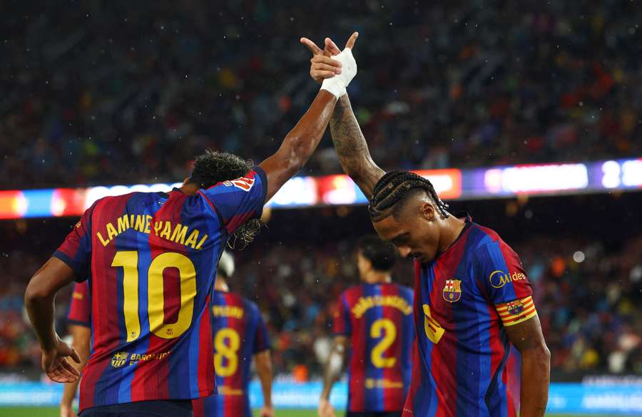 Barcelona's Raphinha celebrates scoring their second goal with Lamine Yamal Barcelona's Raphinha celebrates scoring their second goal with Lamine Yamal