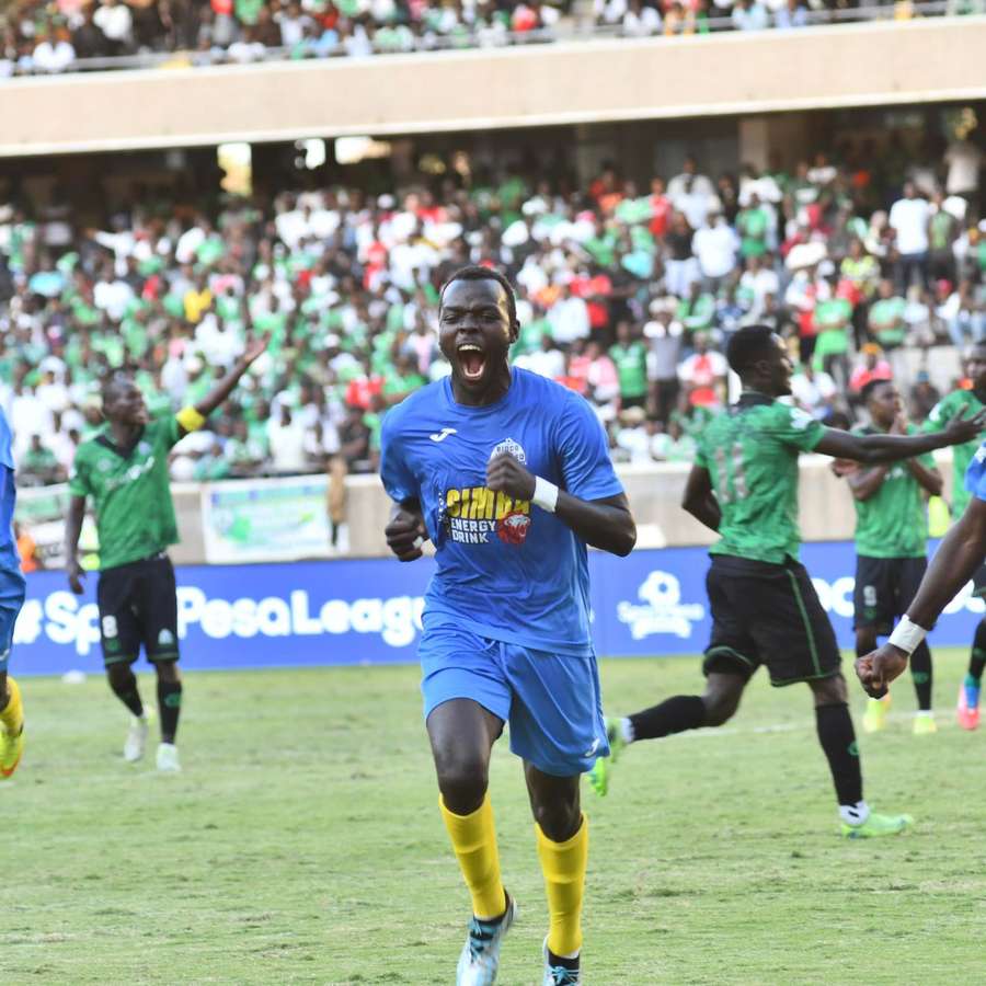 Newton Ochieng celebrates scoring from the penalty spot to sink Gor Mahia