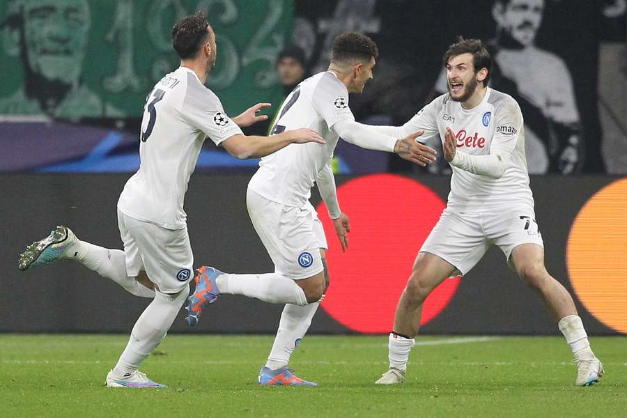 Napoli's Italian defender Giovanni Di Lorenzo celebrates scoring his team's second goal