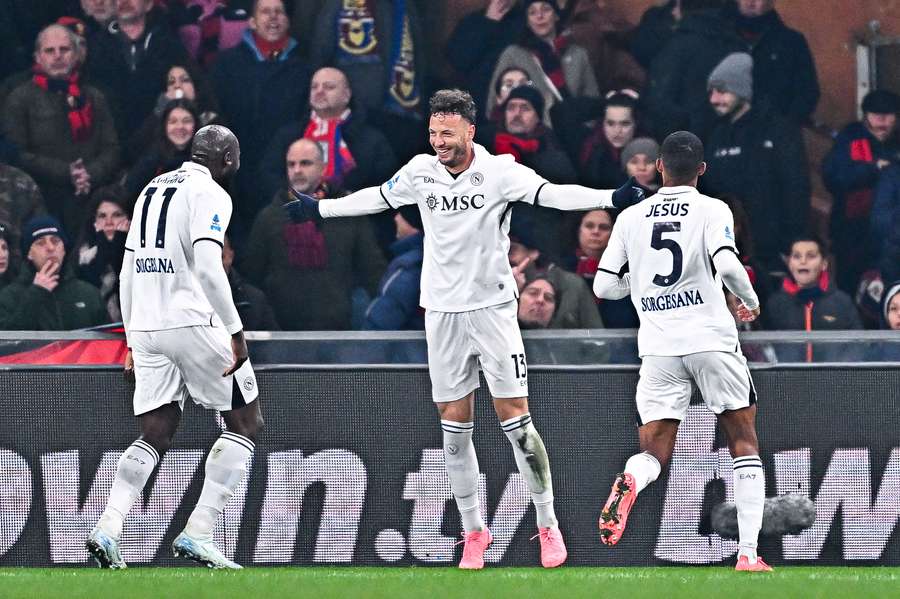 Amir Rrahmani of Napoli celebrates with his teammates Romelu Lukaku and Juan Jesus after scoring