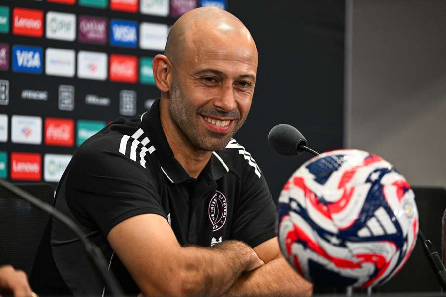 Inter Miami coach Javier Mascherano gestures during a press conference at the Hard Rock Stadium in Miami Gardens on Friday