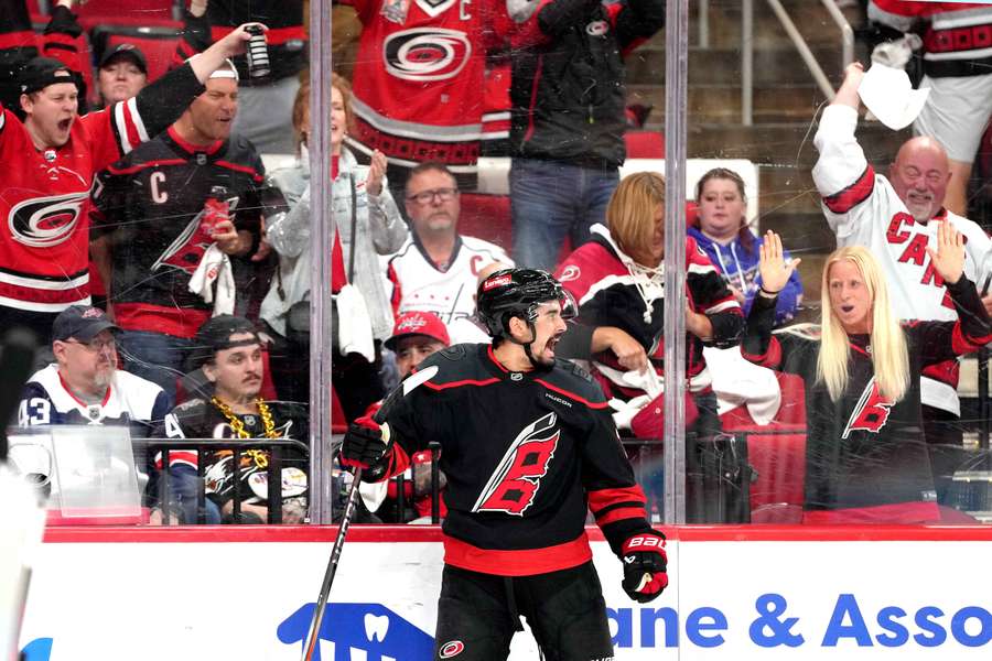 Hurricanes forward Seth Jarvis celebrates a goal in Game 4 vs. Washington Capitals (2025 Stanley Cup Playoffs)