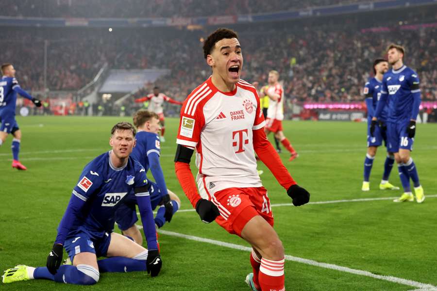 Jamal Musiala celebrates after netting the opener for Bayern