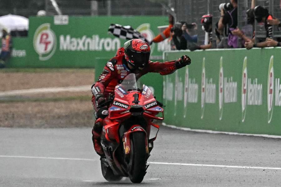 Francesco Bagnaia celebrates winning the MotoGP Thailand Grand Prix at the Buriram International Circuit