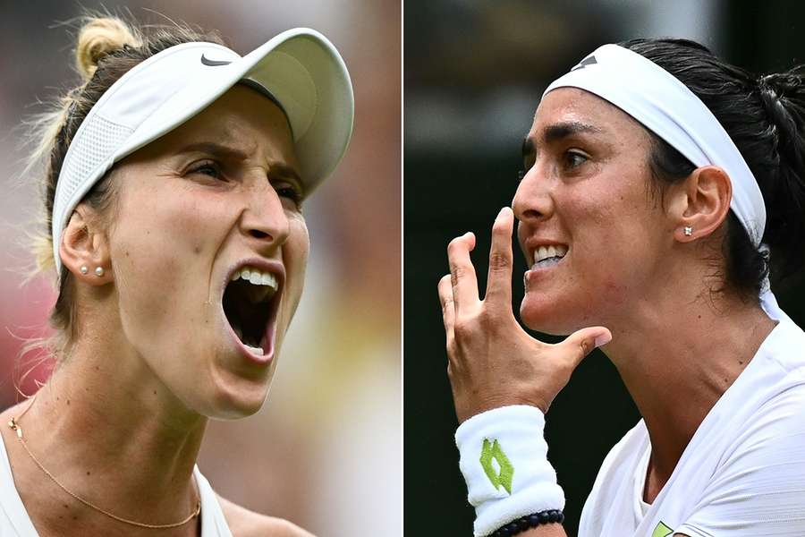 Marketa Vondrousova, left, and Ons Jabeur reacting during Wimbledon 2023