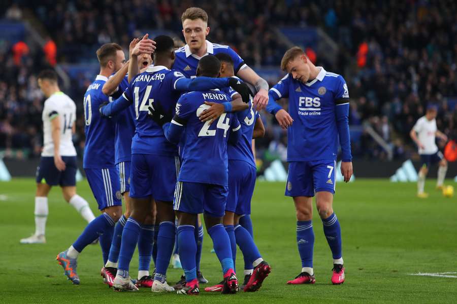 Leicester players celebrate during their match against Tottenham