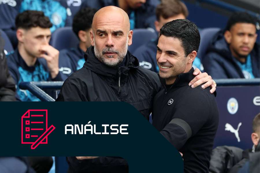 Pep Guardiola, treinador do Manchester City, cumprimenta Mikel Arteta, treinador do Arsenal