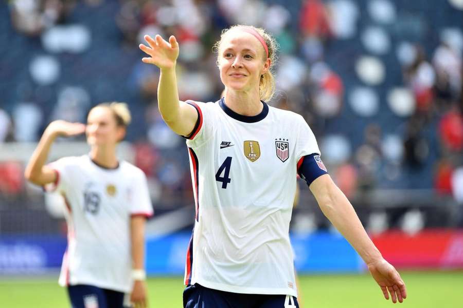 Becky Sauerbrunn waves to fans after their match against Nigeria last month.