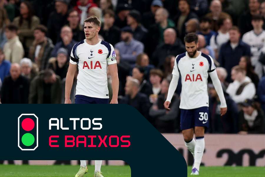 Micky van de Ven durante a derrota do Tottenham na Premier League frente ao Chelsea Micky van de Ven durante a derrota do Tottenham na Premier League frente ao Chelsea